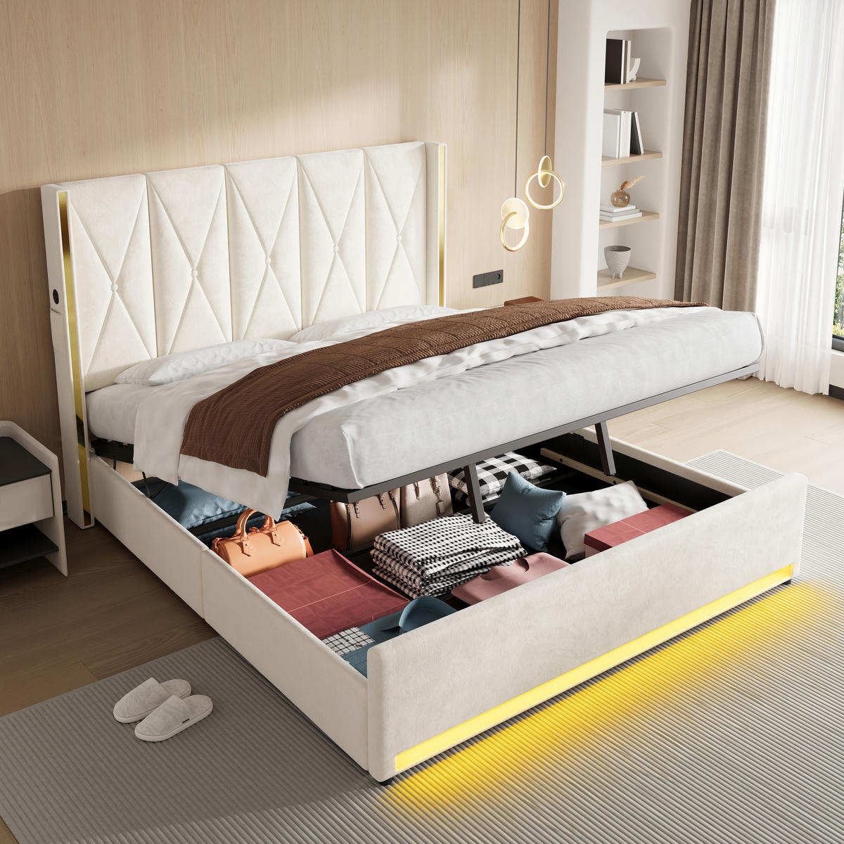 POLSTERBETT 180/200 cm Beige mit LED-Beleuchtung und hydraulische Speicherfunktion - Beige, Textil (180/200cm) - Oxeza