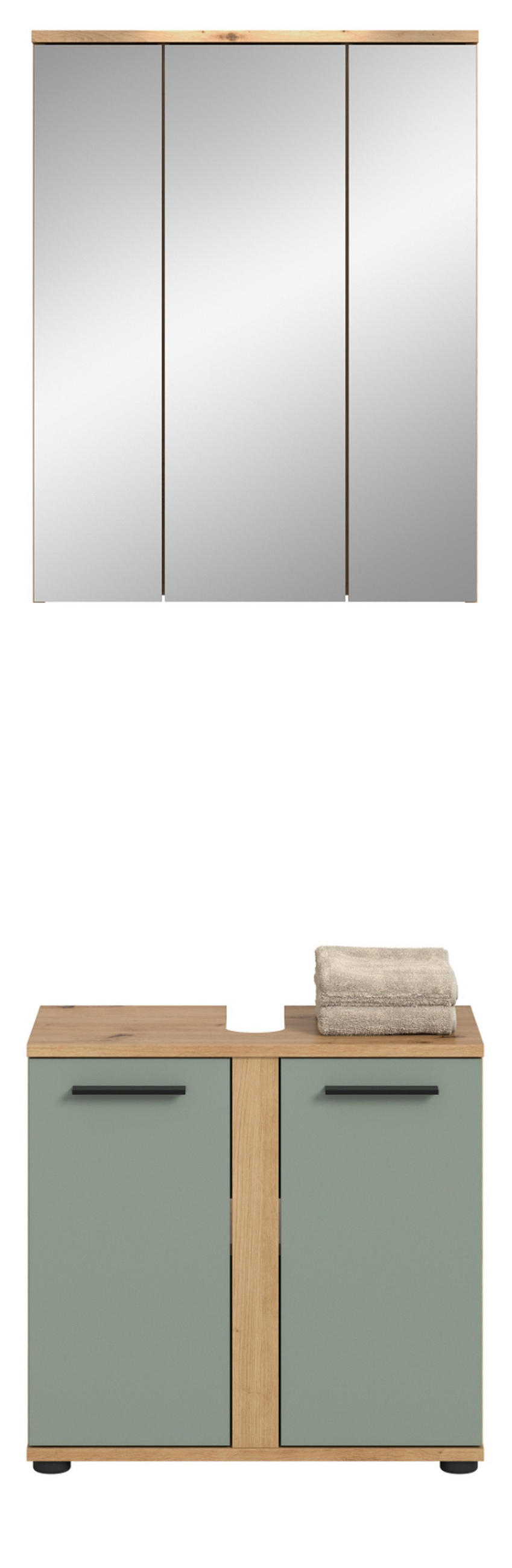 BADMÖBEL-SET Salbei grün, Eiche Artisan 60 cm 2-teilig, Badezimmerschränke in modernem Stil - Salbeigrün/Schwarz, Glas/Holzwerkstoff (60/191/34cm) - Inn.Furn