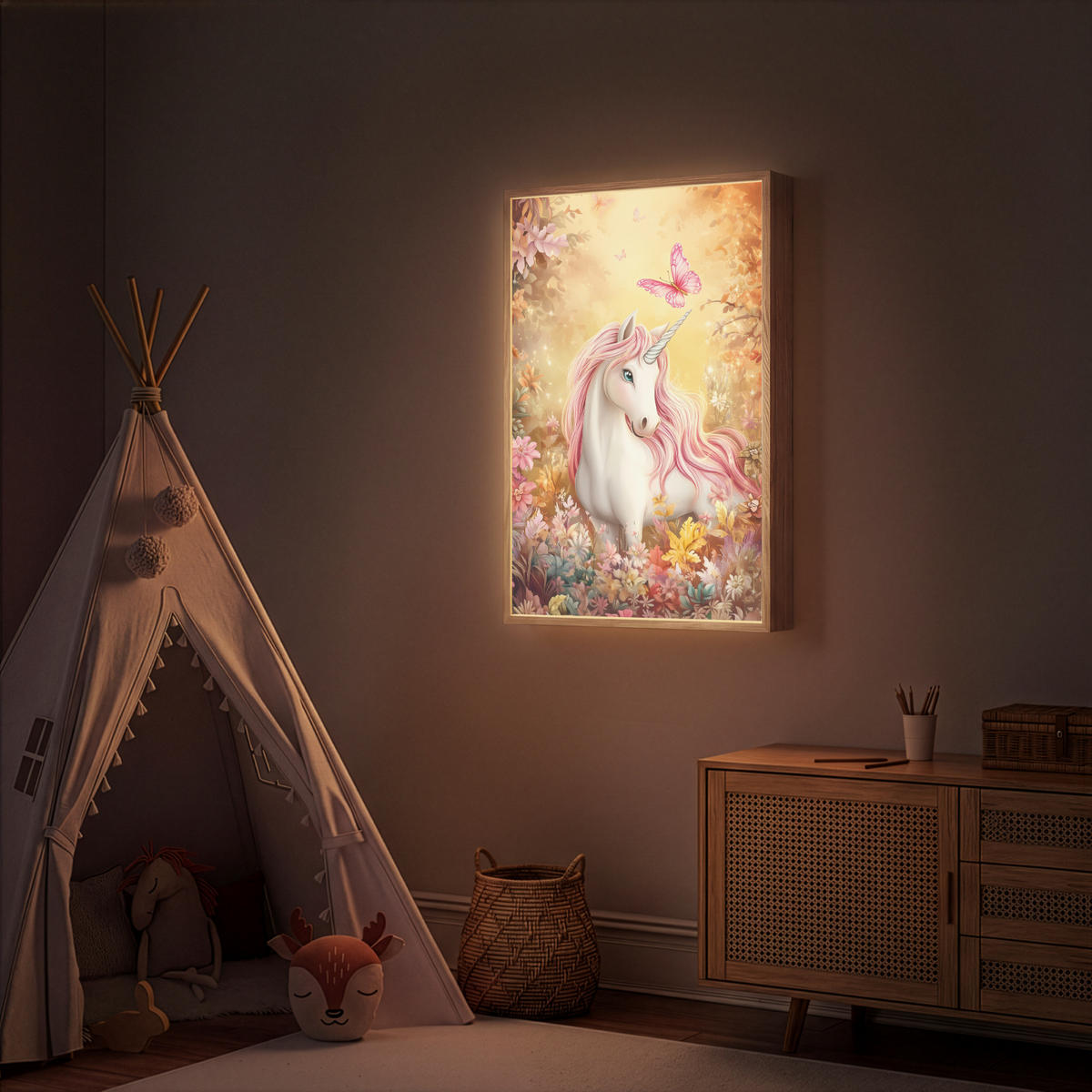 NÁSTĚNNÁ LAMPA S AKUMULÁTOREM Jednorožec - Květiny - Motýl - Růžová 70x100 cm - béžová, kompozitní dřevo (70/100/8cm) - OnlyWow