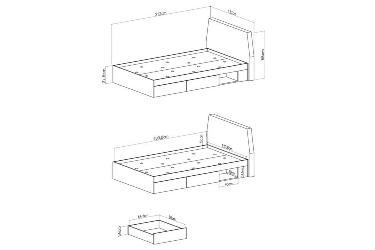JUGENDBETT ALBI 120/200 in Geölte Eiche / Grau - Eichefarben/Grau, Holzwerkstoff (120/200cm) - Deine Möbel 24