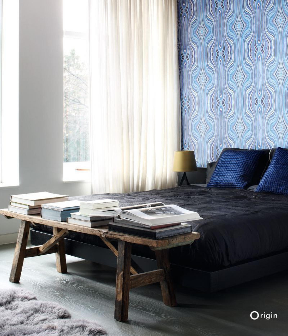 TAPETE grafische Linien 53 cm x 10.05 m - Blau, Papier (53/1000cm) - Origin Wallcoverings