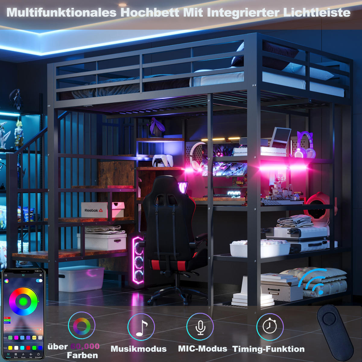 HOCHBETT 140/200 cm aus Metall und Holzwerkstoffen mit Treppe, Schreibtisch, Regal und LED Schwarz - Schwarz, Metall (140/200cm) - Modenvie