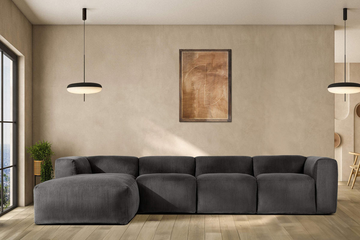 ECKMODULSOFA-RECHTS BUFFO 6-Sitzer mit extrem weicher Sitzfläche, Kordstoff, grau - Grau, Textil (377/180cm) - KONSIMO®