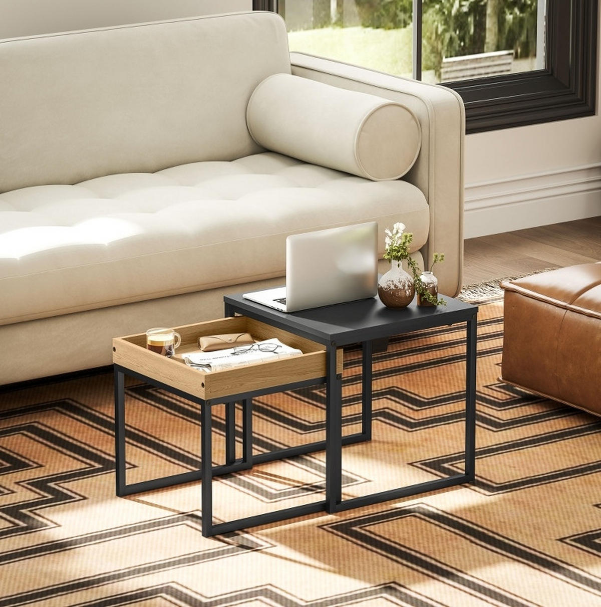 COUCHTISCH 2er-Set 45/45/45 cm & 40/40/40 cm mit Tablett, Schwarz - Schwarz, Metall (45/45/45cm) - Flora Grace