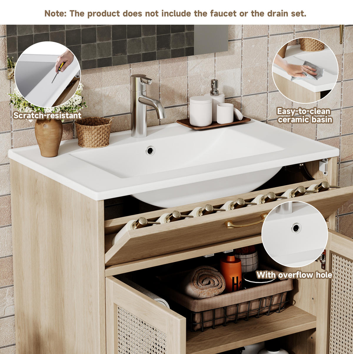 WASCHTISCHKOMBI 76/46/88 cm Natur aus Keramik und MDF mit Klappfach und Soft-Close-Türen - Naturfarben, Keramik (76/88/46cm) - OKWISH