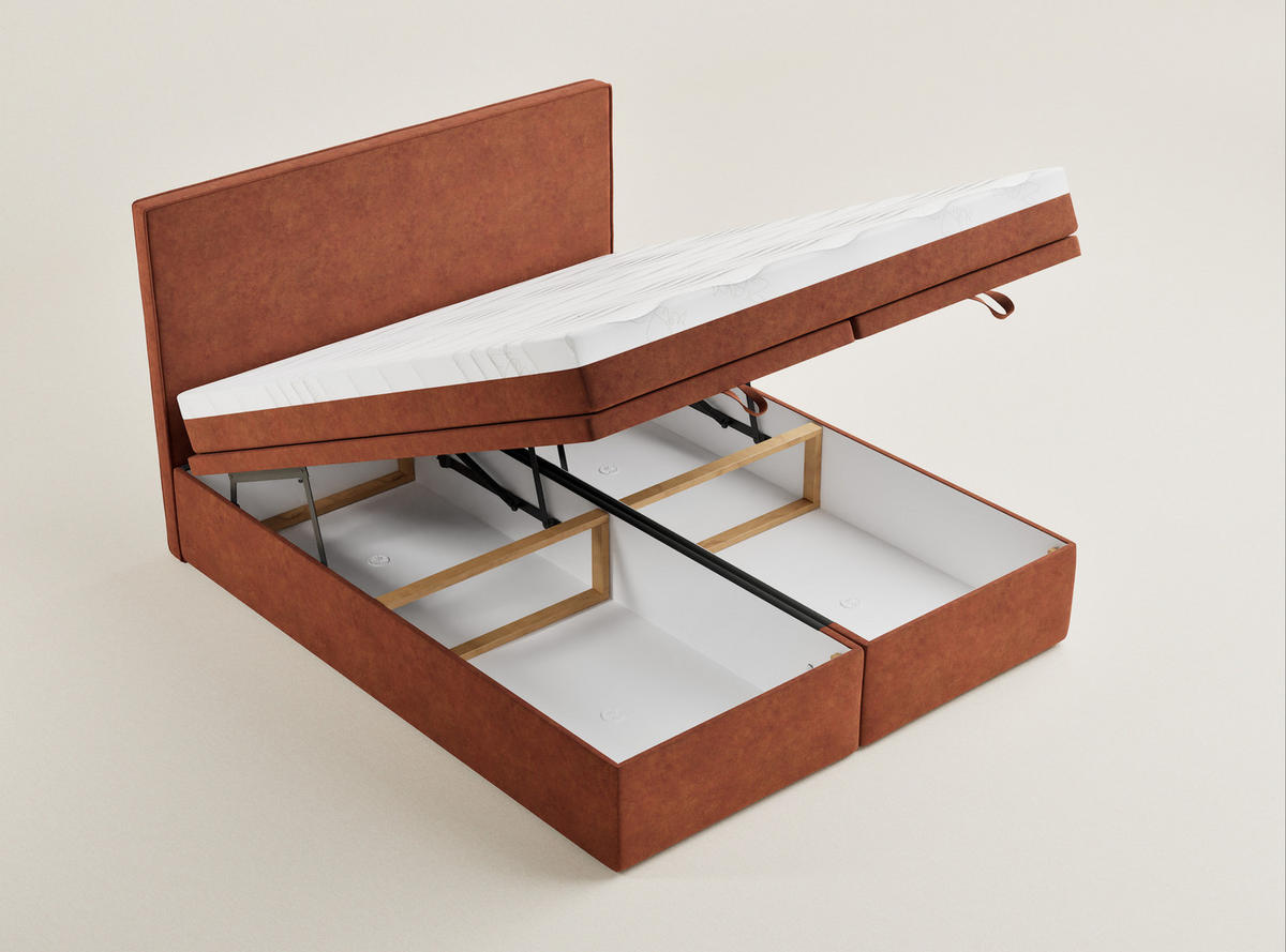 BOXBETT 200/200 cm Tegal, in Kupferfarbe, Matratze, gepolstertes Kopfteil, Bettkasten, H3 = fest - Schwarz/Kupferfarben, Holz/Holzwerkstoff (200/200cm) - Maison de Reve
