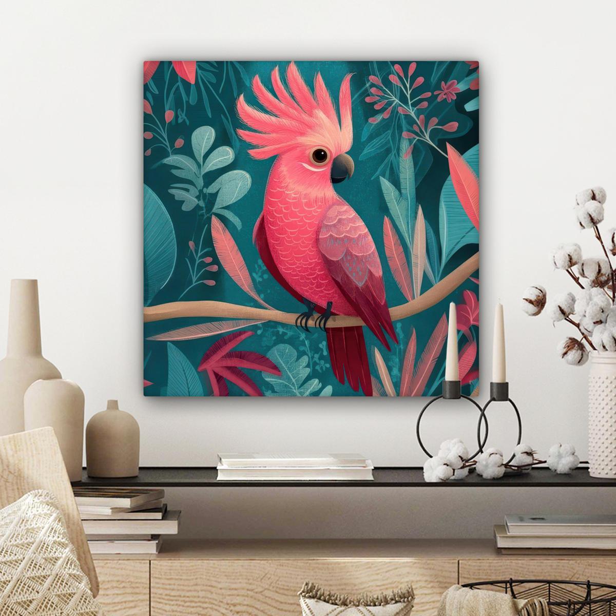 LEINWANDBILD Kakadu - Tropische Blätter - Zweig Wandbild Wohnzimmer 50x50 cm - Petrol, Textil (50/50cm) - MuchoWow