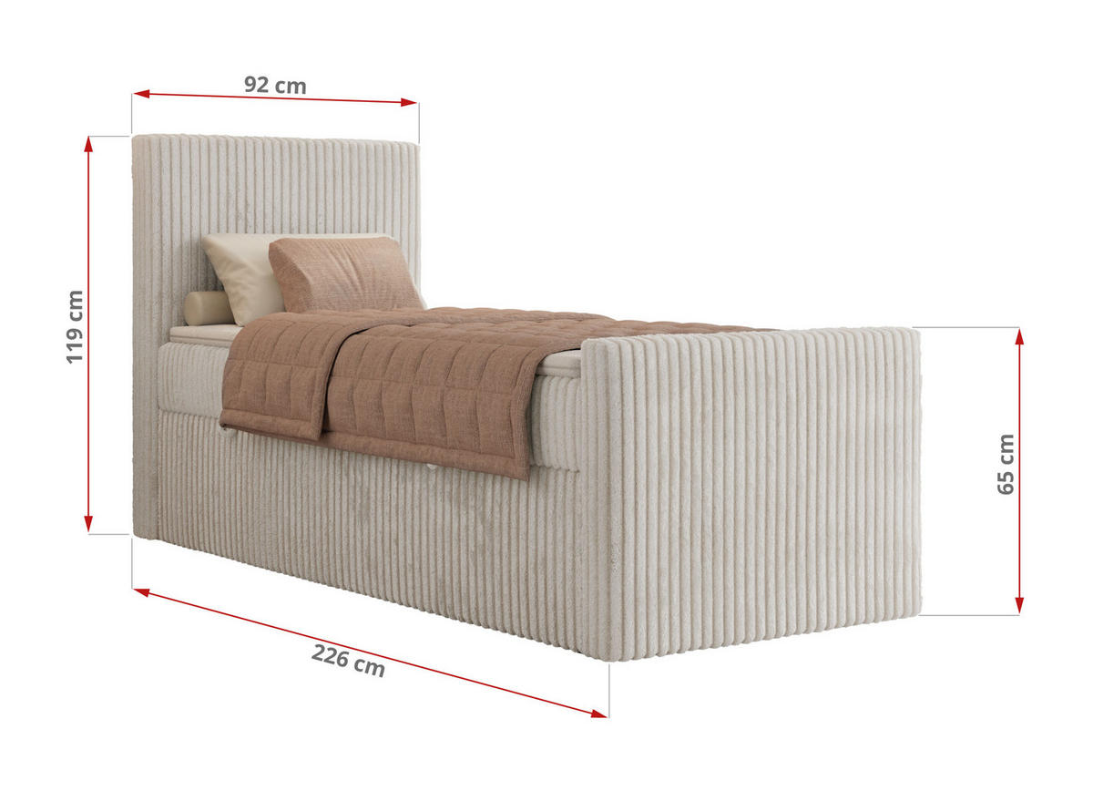 BOXBETT TILIANO DUO 90/200 - Beige Cord - H4 - Topper T25 - Links Seite - Beige, Textil (90/200cm) - MKS