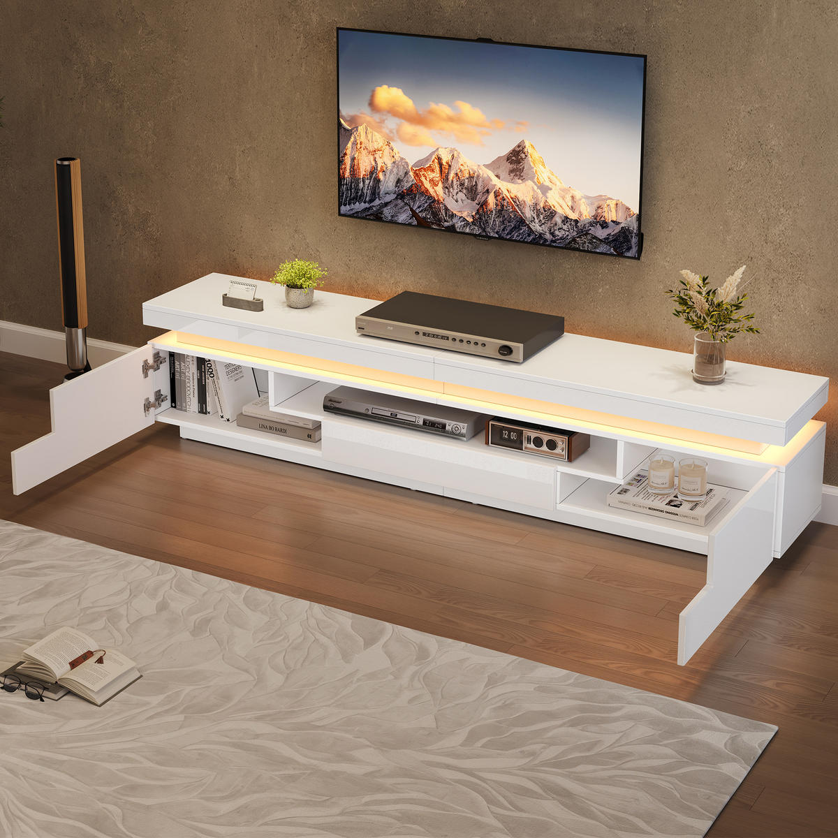 TV-SCHRANK 175/38/45 cm weiß Spanplatte mit 2 L-förmigen Schränken und 1 Schublade mit LED-Beleuchtung - Weiß, Holzwerkstoff (175/45/38cm) - OKWISH