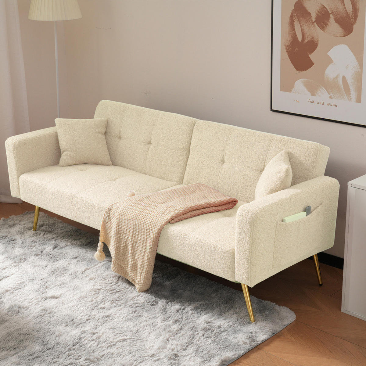 SOFA Schlaffunktion Verstellbar Goldene Beine Aufbewahrungstaschen Kissen - Beige, Holz (90.93/18.42/80.26cm) - FLIEKS