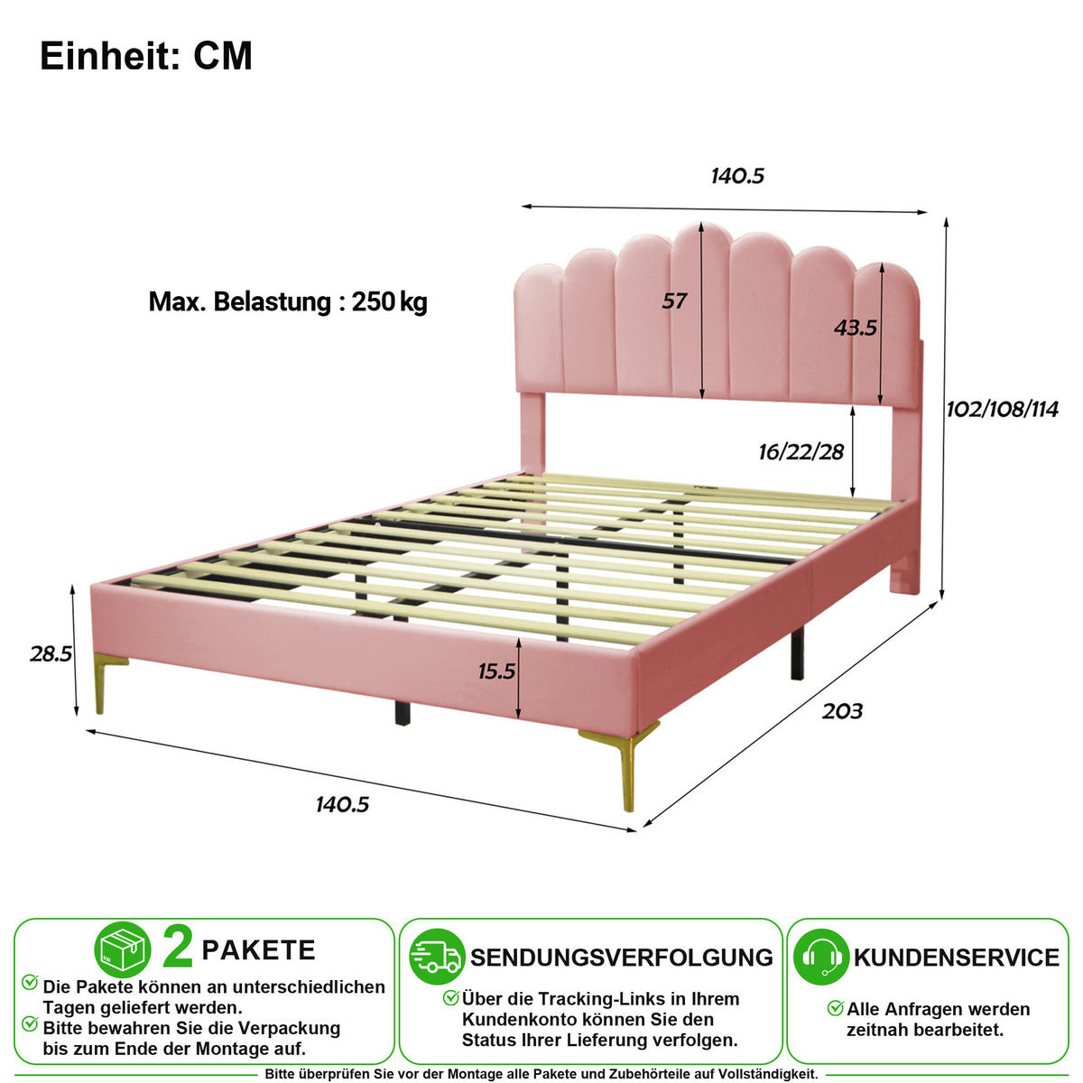 POLSTERBETT 140/200 cm in Rosa Samt mit Verstellbarem Kopfteil und Lattenrost - Rosa, Holzwerkstoff/Textil (140/200cm) - CHICFURN