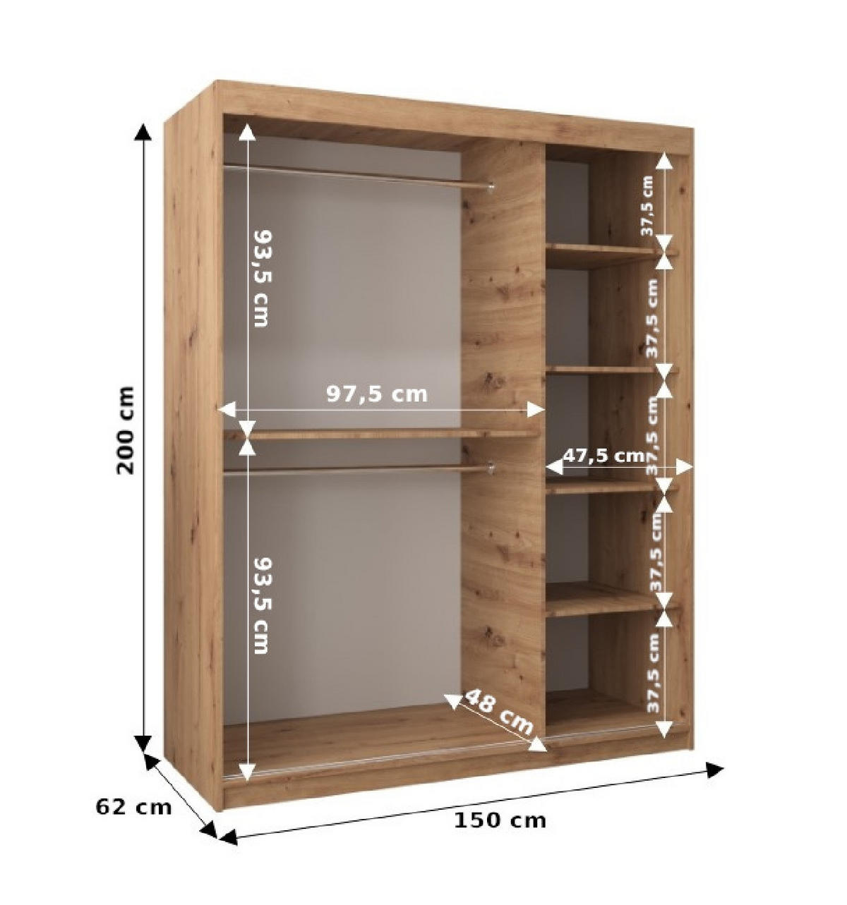 SCHWEBETÜRENSCHRANK 200/150/62 2-türig - Silberfarben/Schwarz, Holz/Kunststoff (150/200/62cm) - Abiks Möbel