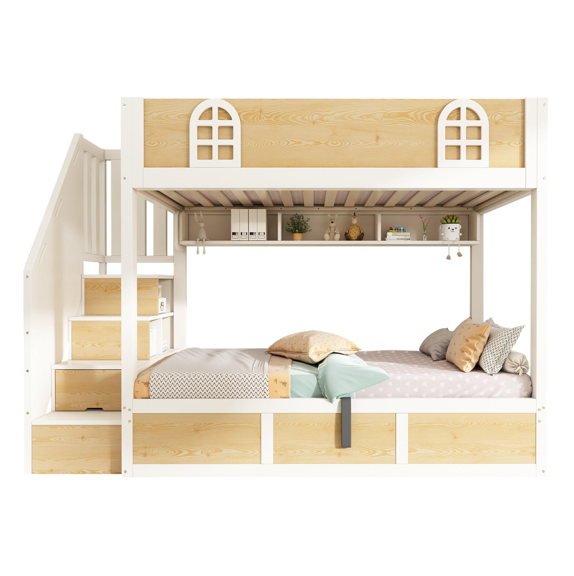 ETAGENBETT 90/200 cm in Weiß/Natur mit Treppenschrank und Stauraum - Naturfarben, Holzwerkstoff (90/200cm) - BEAOK