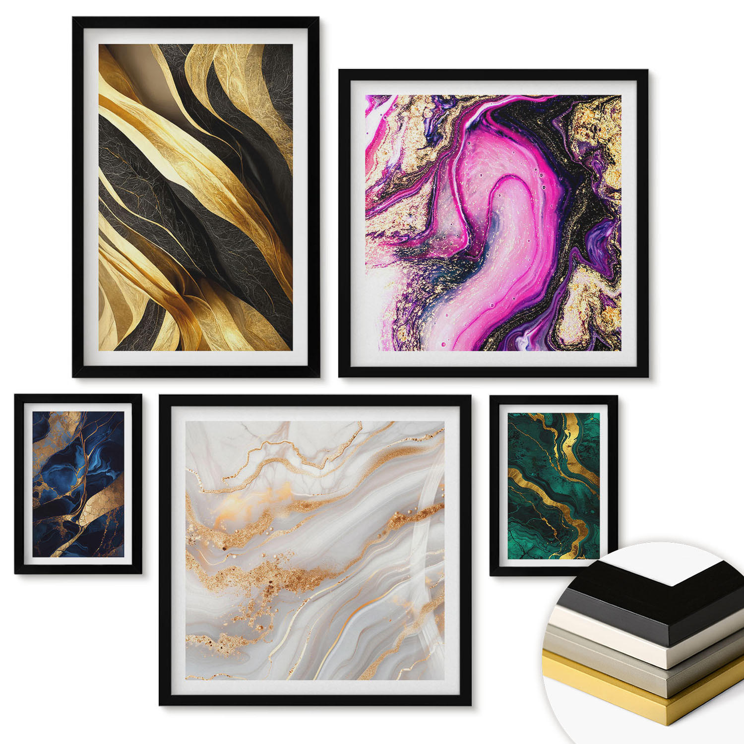 WANDBILDER 5er-Set - 50x50 cm & 20x30 cm & 40x60 cm Schwarzer Rahmen - Abstrakter Marmor mit Farben - Schwarz, Kunststoff (40/60cm) - ArtPrintCave
