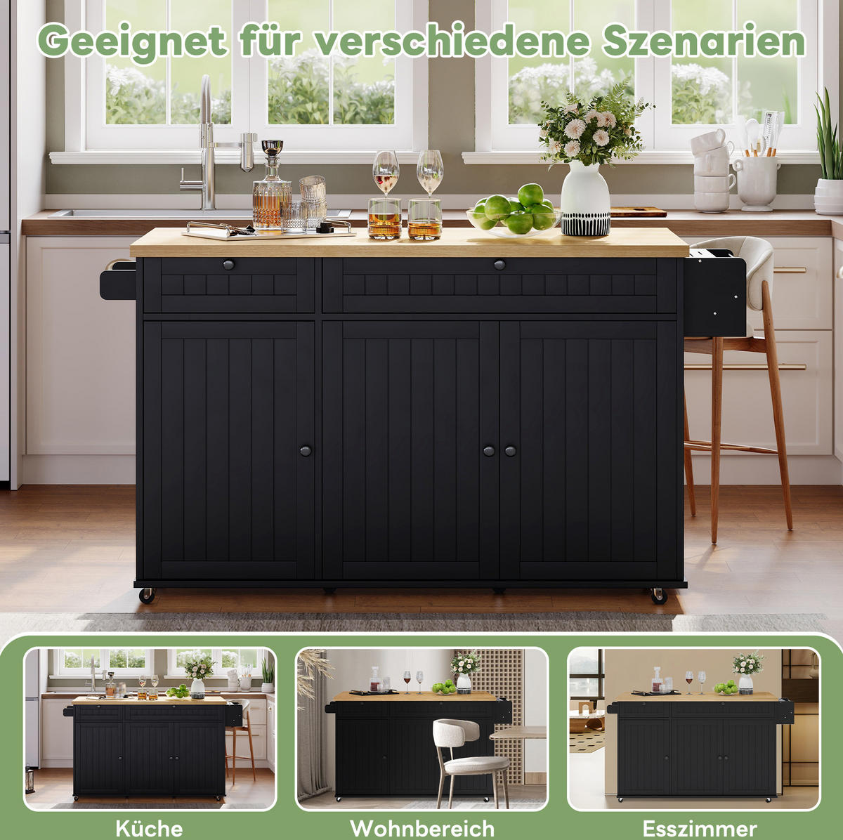 KÜCHENINSEL mit klappbarer Arbeitsplatte 137 cm MDF Natur/Schwarz - Schwarz, Holz (70/89.5/137cm) - Beauniv