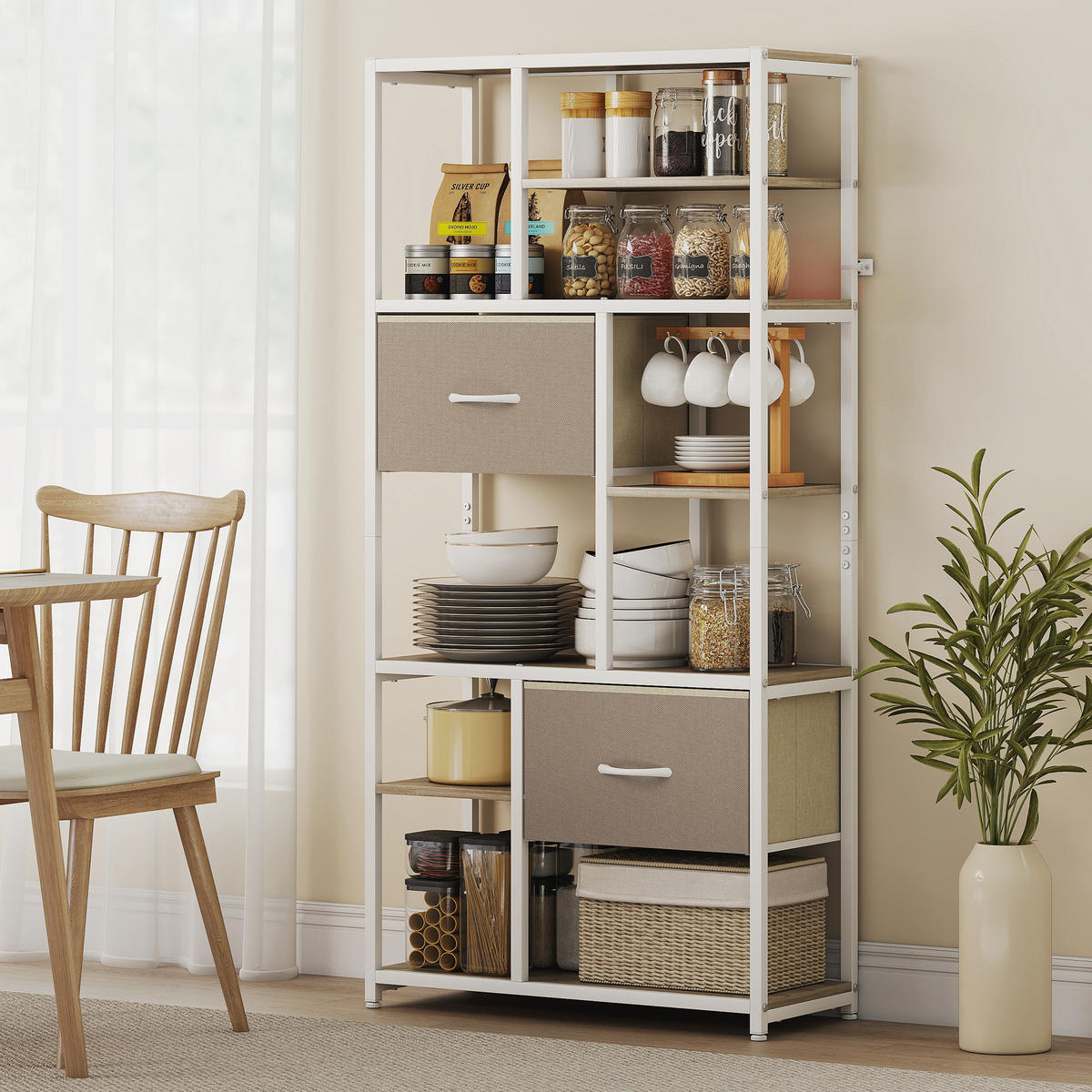 REGAL DE-15550 72,5/30/150 cm, 6 Ebenen mit 2 Stoffschubladen Weiß - Eichefarben, Metall (72.5/150/30cm) - ComfortXL