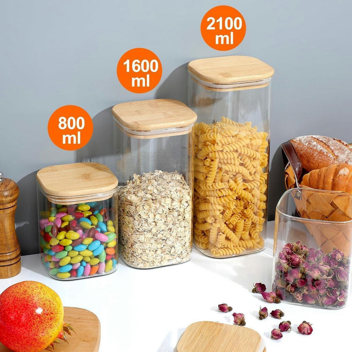 VORRATSGLÄSER 2er Set 2200ml Glas mit Bambusdeckel - Multicolor, Glas (10/10/26cm)