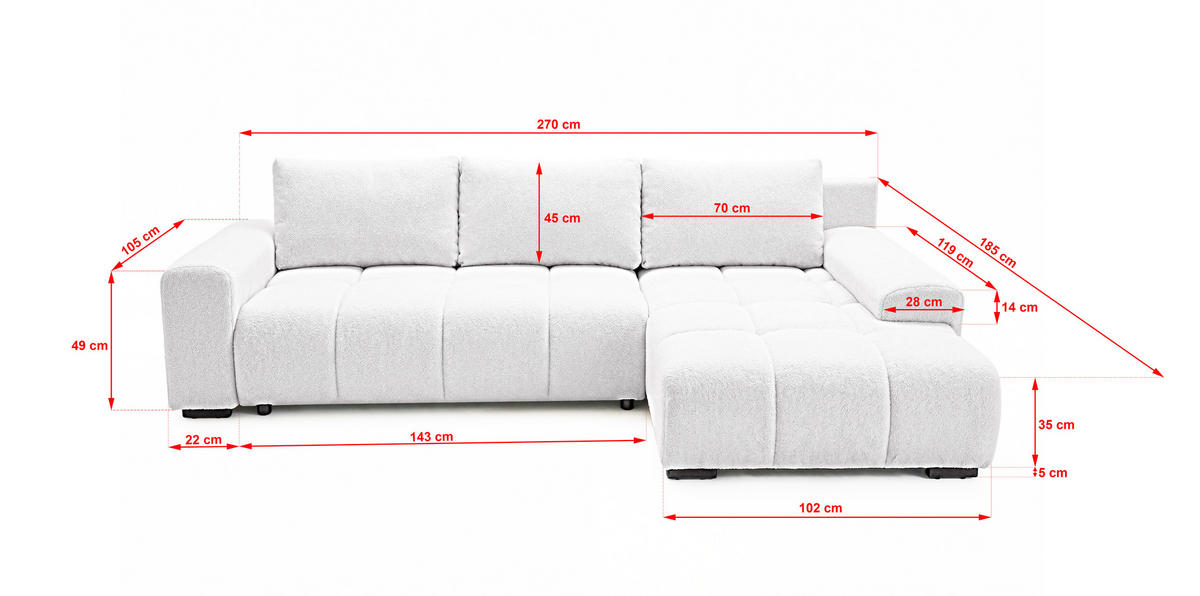 ECKSOFA Ovia mit Bettkasten und Schlaffunktion, Bouclé-Stoff in L-Form - Weiß, Textil (270/185cm)