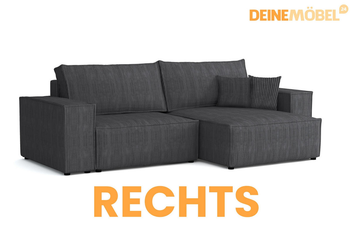 ECKSOFA MATT 255/153 cm rechts in Cord Anthrazit - Anthrazit/Schwarz, Holz/Holzwerkstoff (255/153cm) - Deine Möbel 24