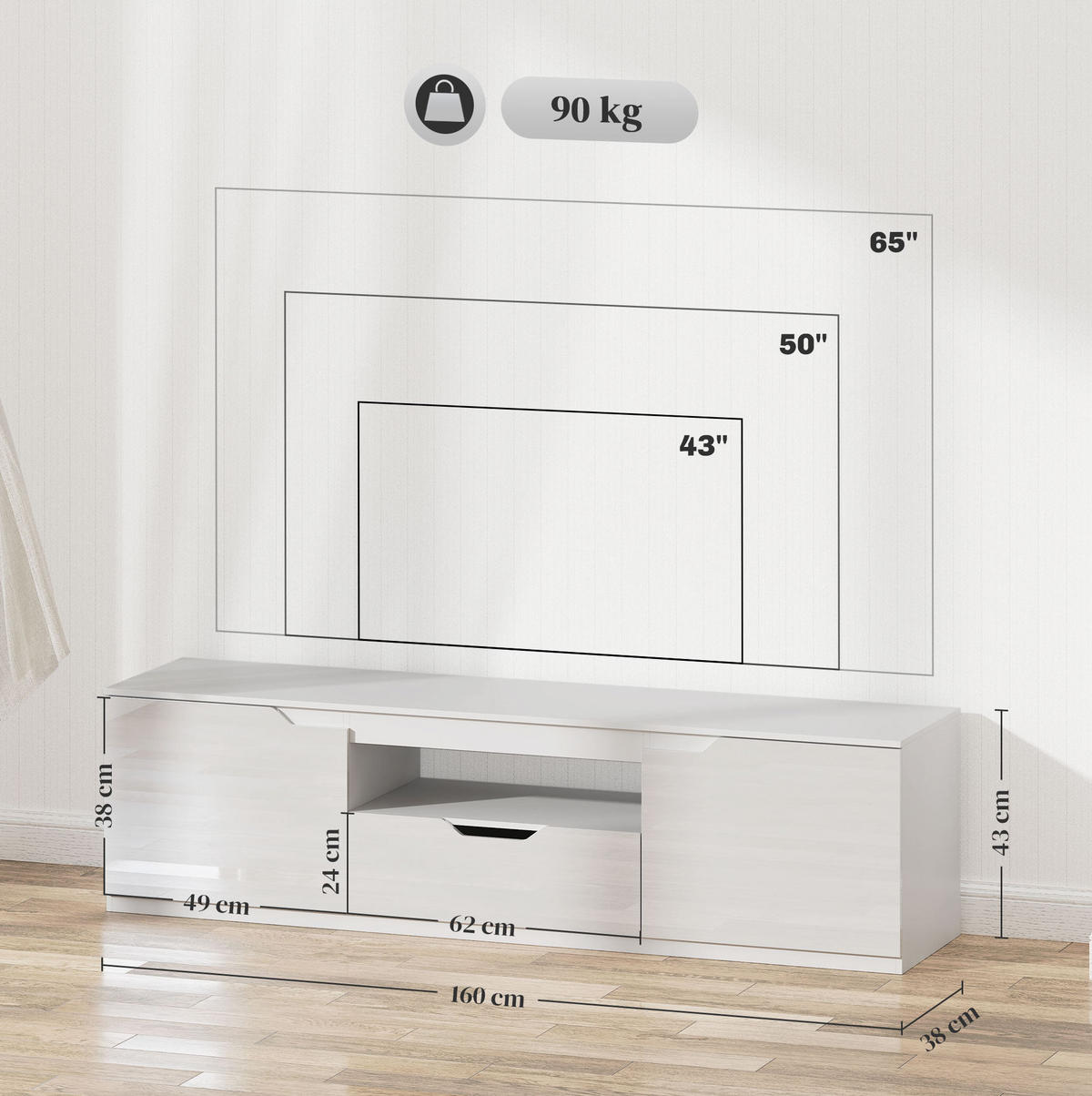 TV-LOWBOARD 160/38/43 cm Weiß aus Holz mit Kabelmanagement - Weiß, Holzwerkstoff (160/43/38cm) - OKWISH