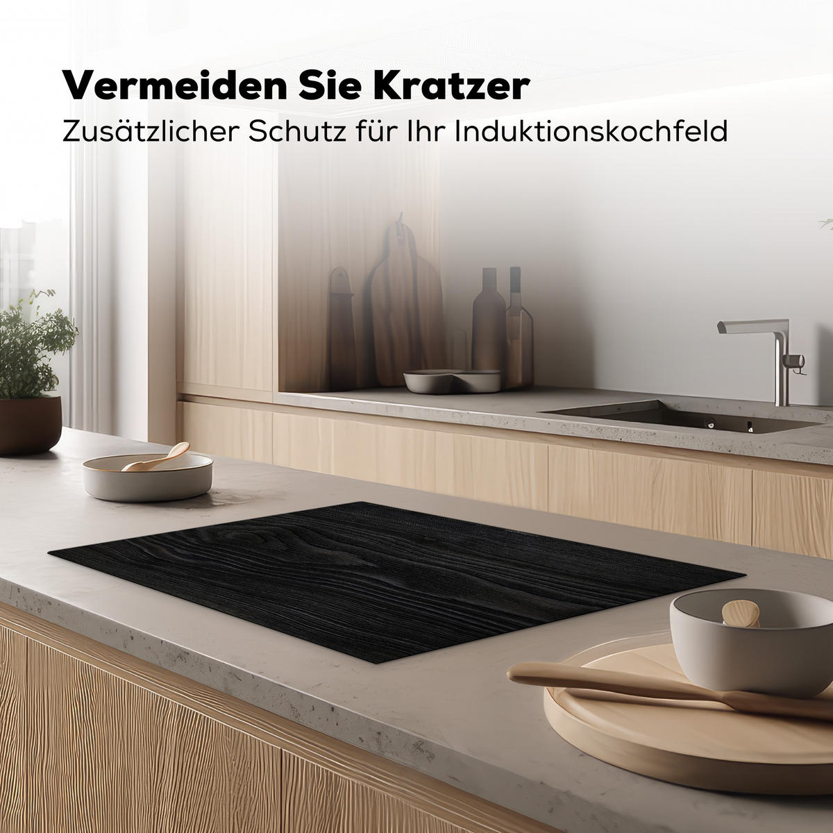 HERDABDECKPLATTE Schwarz - Holzoptik Herdabdeckung Induktionsfeld 75x52 cm - Schwarz, Kunststoff (75/52/0.2cm) - MuchoWow