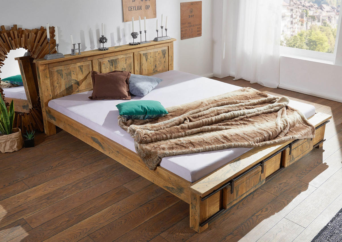 BETT Massivholz Mango 180 x 200 x 85 natur RAILWAY #142 - Naturfarben, Holz (180/200cm) - Massivmoebel24
