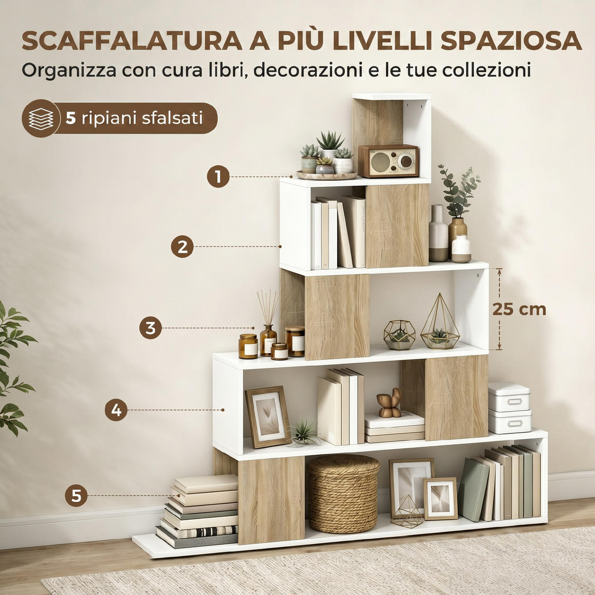 BÜCHERREGAL,5-STÖCKIG Stufendesign 120x22x131,5cm,weiß-holz - Weiß, Holzwerkstoff (120/131.5/22cm) - Vallsero