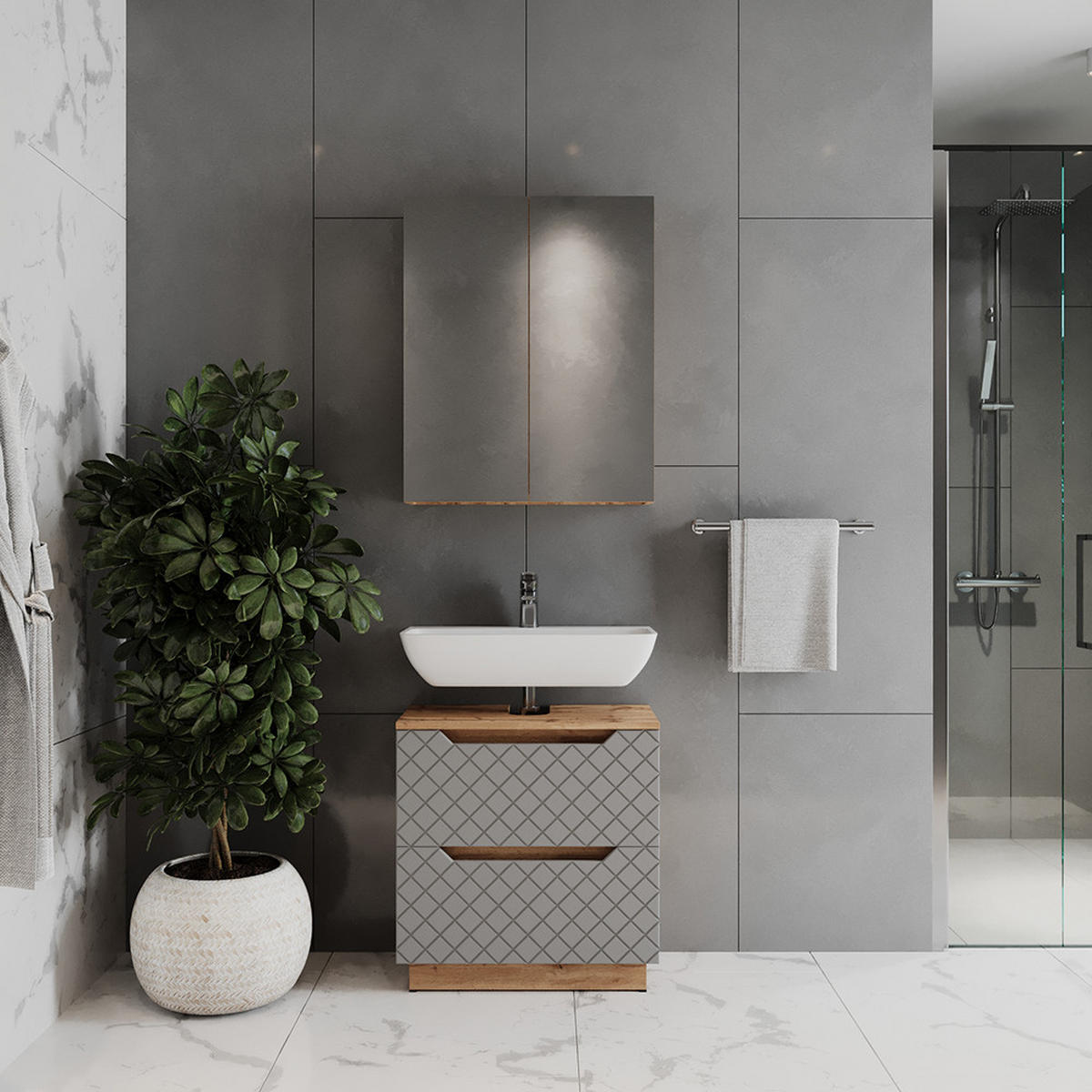 BADMÖBEL-SET Lotta Eiche/Grau mit Kachelstruktur 2 Teile - Grau, Holzwerkstoff (59.8/62.5/32cm) - Vicco