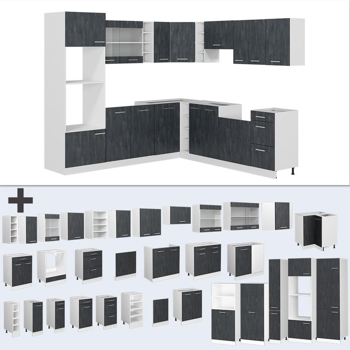 ECKKÜCHE IN L-FORM R-Line Schwarz Beton/Weiß 237 x 247 cm AP Eiche - Schwarz/Weiß, Holzwerkstoff (247/81.6/60cm) - Vicco