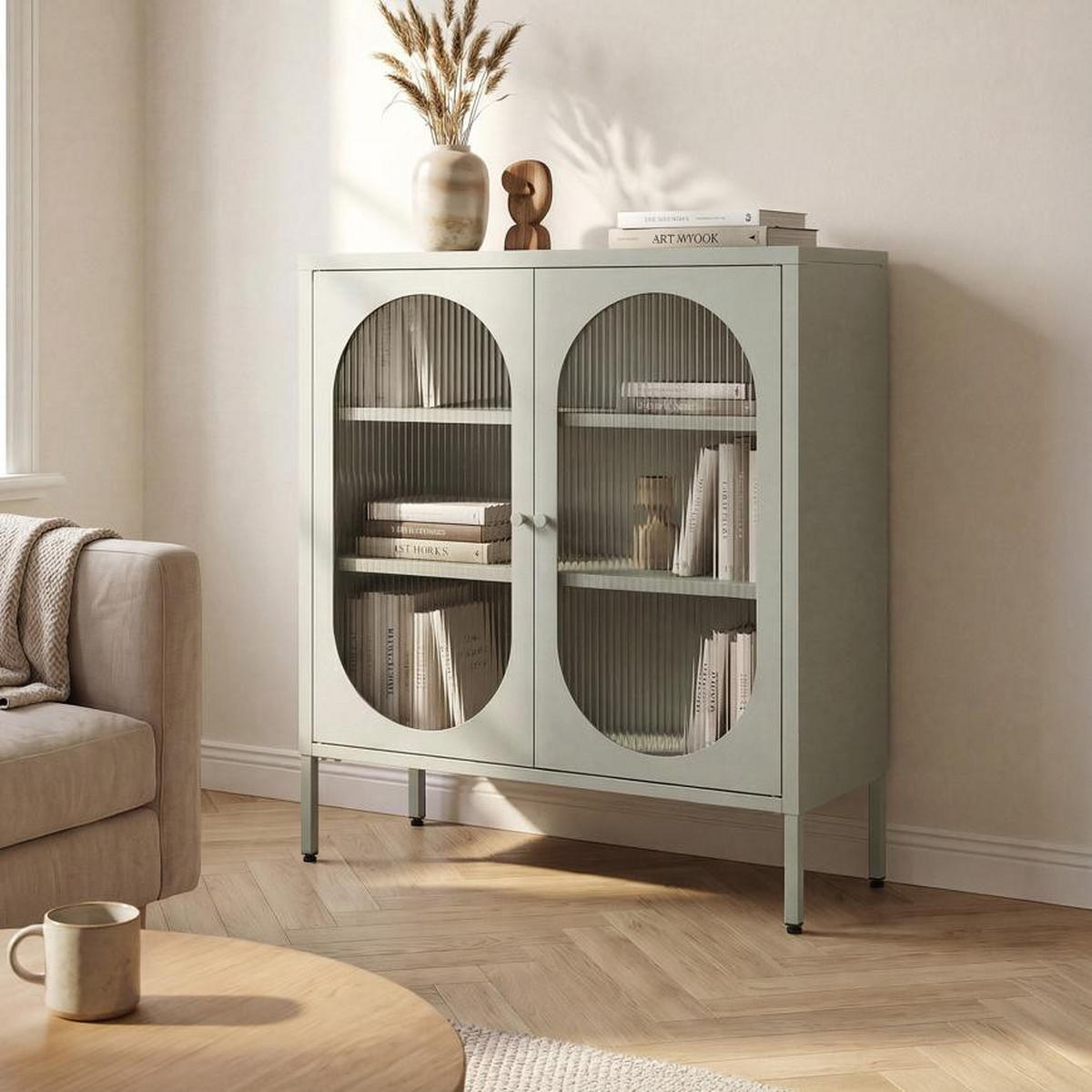 SIDEBOARD Metall 2 Türen Salbeigrün und Geriffeltes Glas 80cm EDEN - Salbeigrün, Metall (35/90/80cm) - Sicaan