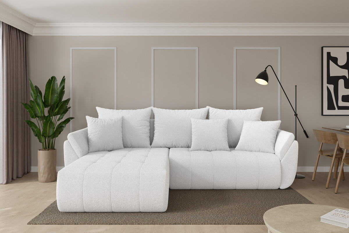 ROHOVÁ SEDAČKA s funkcí spaní, otoman vlevo TOKO-L 277x194x86 bílá bouclé - bílá/černá, kompozitní dřevo/textil (277/194cm) - ALTDECOR