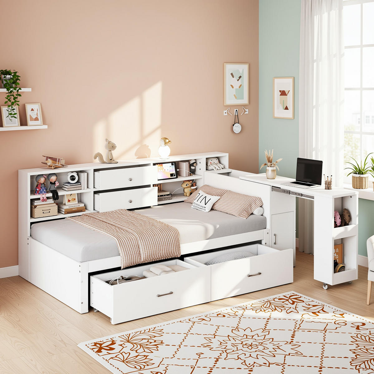 MULTIFUNKTIONSBETT 90x200 mit ausziehbarem Schreibtisch - Weiß, Holzwerkstoff (90/200cm) - Urban Meuble