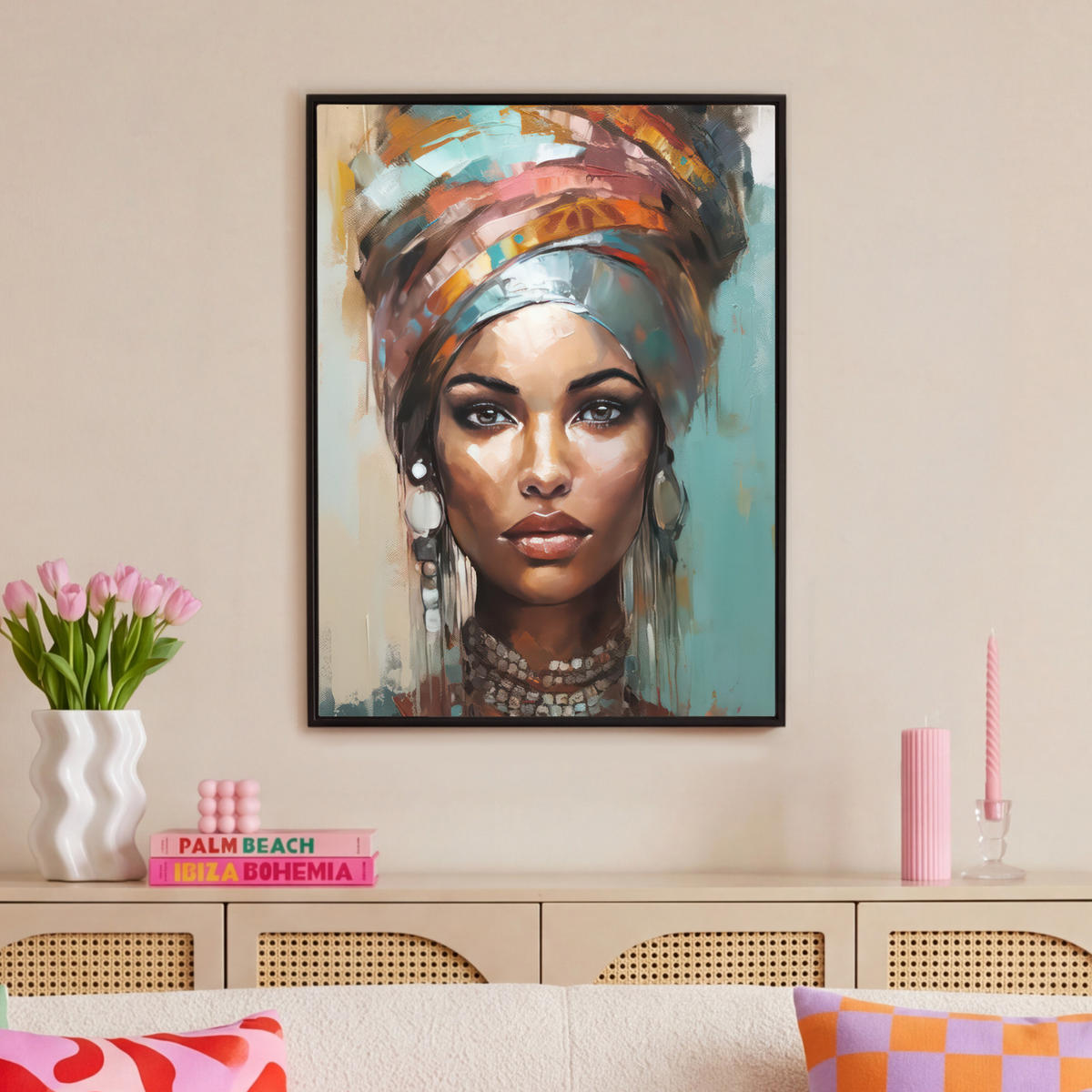 LEINWAND Bilder mit Rahmen - Frau - Kunst - Schmuck - Porträt - 70x100 - Blaugrau, Textil (70/100cm) - MuchoWow