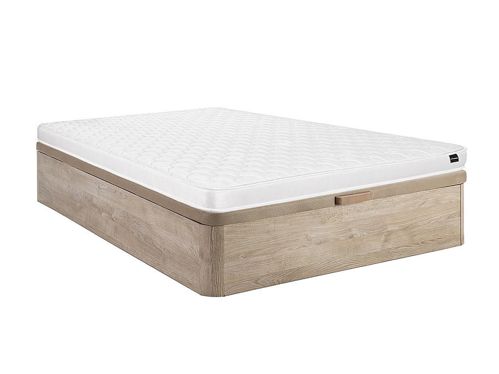 MATRATZE und Bettgestell mit Lattenrost und Bettkasten - 2 Personen - Stoff, Holz, Platte - Naturfarben Hell - - Naturfarben, Holz/Holzwerkstoff (140/190cm) - Vente-Unique