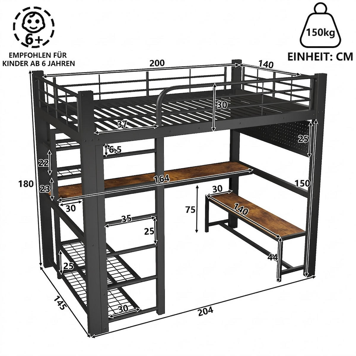HOCHBETT 140/200 cm Schwarz mit Gitter zum Aufhängen von Gegenständen, LED-Lichtleiste und Stauraum - Schwarz, Metall (140/200cm) - Oxeza