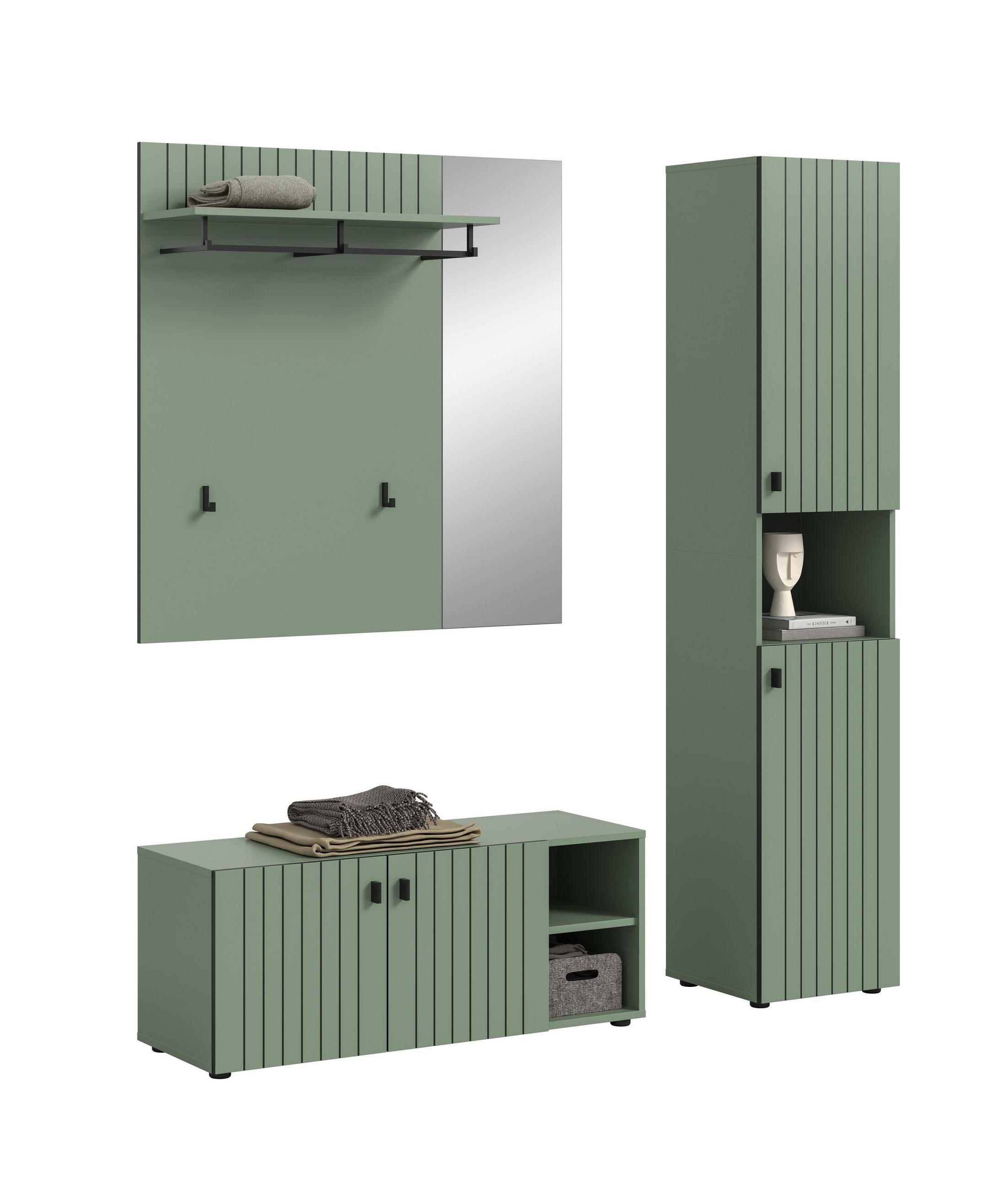 GARDEROBEN-SET STATION 3-tlg. (B/H/T: ca. 161/192/37 cm) in Smoke Green/Smoke Green - Dunkelgrün, Holzwerkstoff (161/192/37cm)