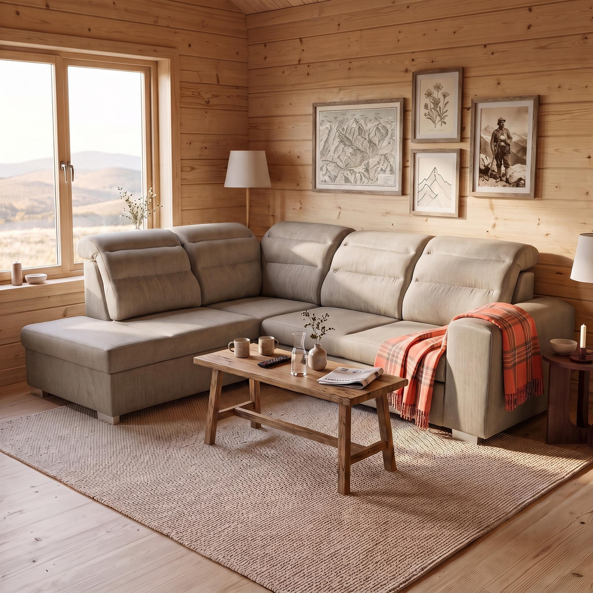 ECKSOFA CLOUD L Links mit Schlaffunktion 120x190 Velours Beige - Chromfarben/Beige, Holz/Kunststoff (202/260cm) - Muffo