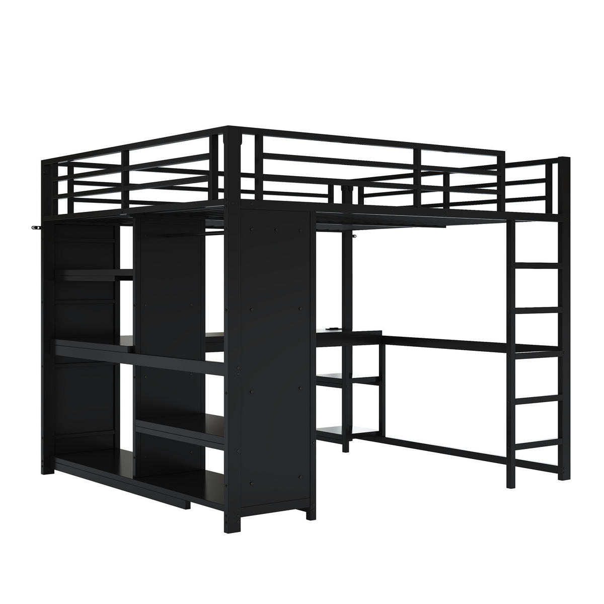 HOCHBETT 160/200 cm schwarz aus Metall mit LED und Schreibtisch - Schwarz, Metall (160/200cm) - OKWISH