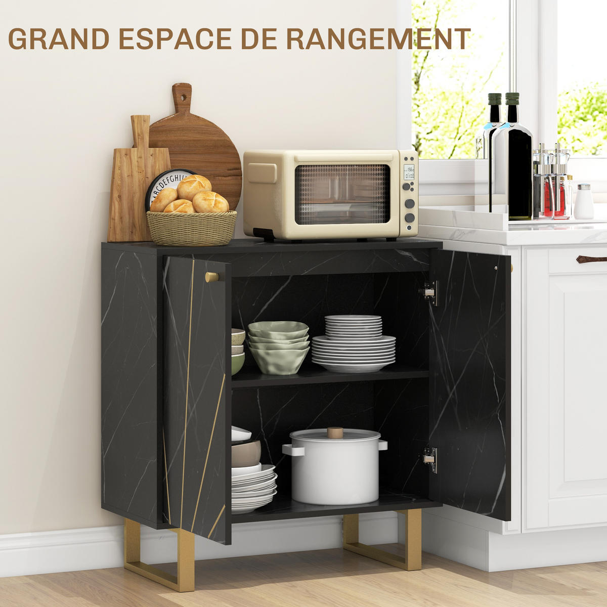 SIDEBOARD Schwarz Marmor-Optik, 2 Türen, 76/35/77 cm - Schwarz, Holz (76/77/35cm) - PANGIVO
