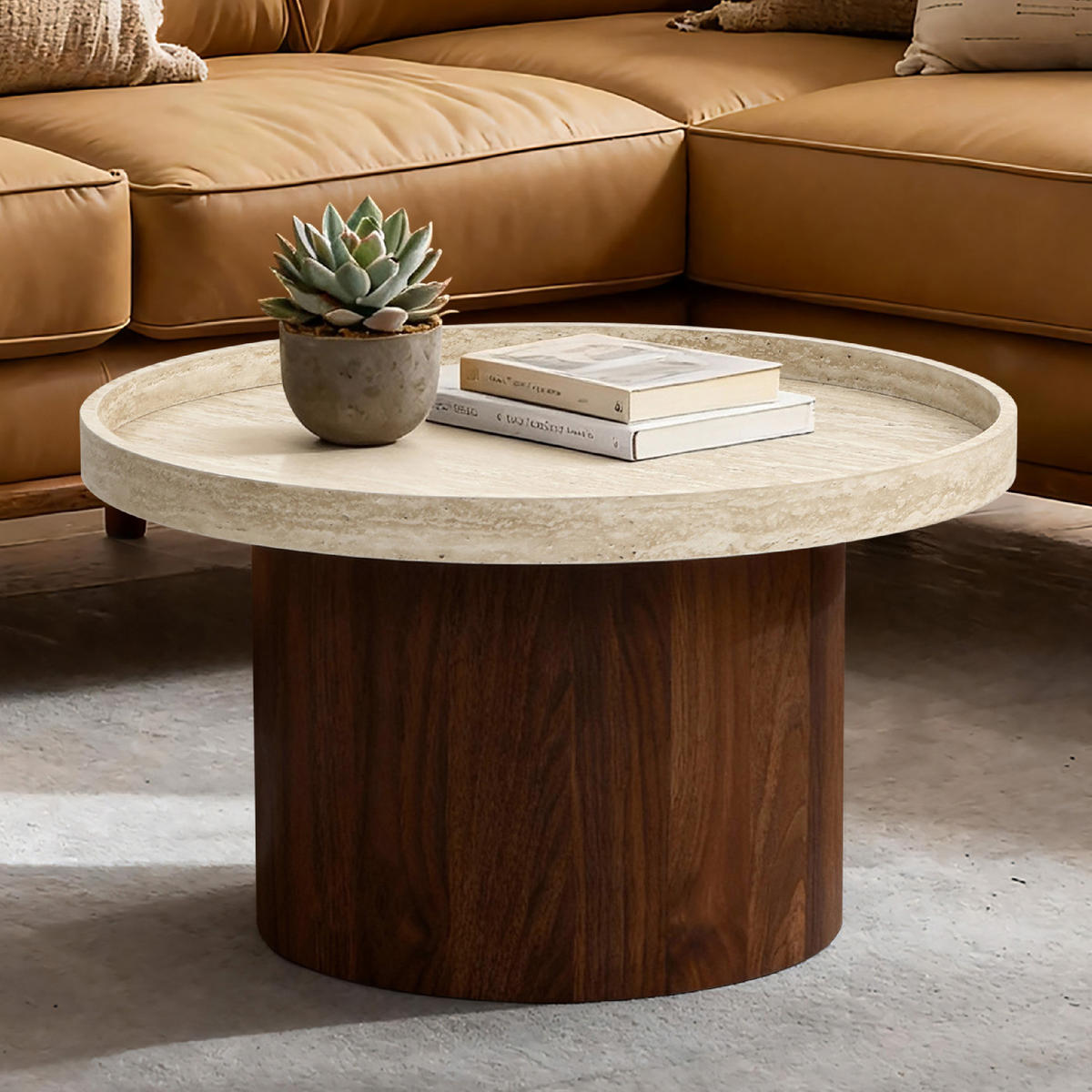 RUNDER Couchtisch mit Tablettplatte und braunem Gestell,Holzoptik | Ø60 x H34 cm - Braun, Holzwerkstoff (60/60/34cm) - Hometopia