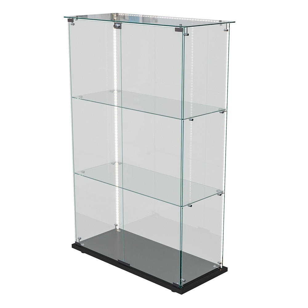 VITRINE - Glasvitrine mit 2 Türen und 3 Ebenen - integrierte LED-Streifen-Beleuchtung - Schwarzer Holzboden - Schwarz, Glas (78.5/123.3/35cm) - DELFA