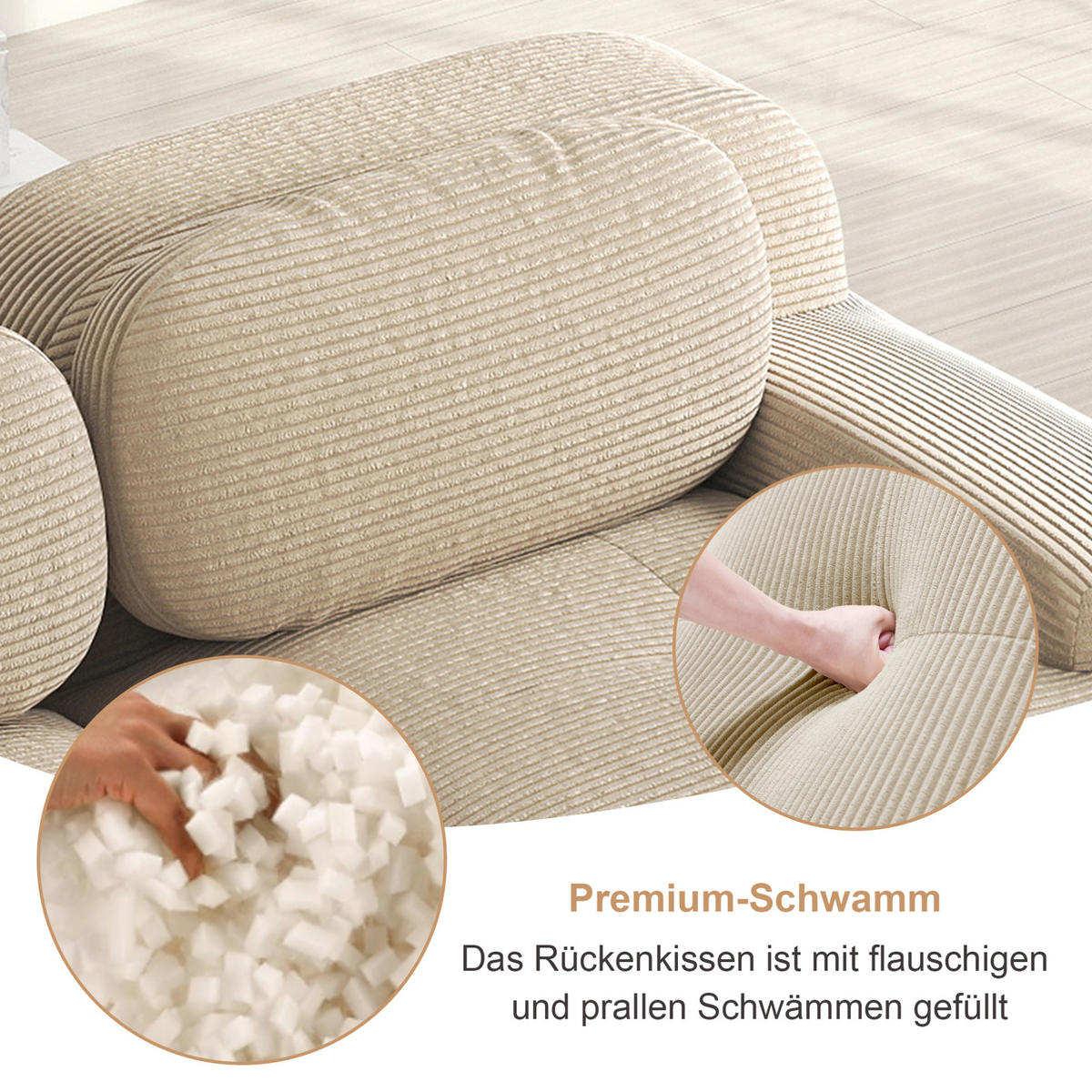 ECKSOFA 208/103/70 cm in Beige aus Cord mit modularem Design und rutschfester Unterseite - Beige, Textil (103/70/208cm) - Flora Grace