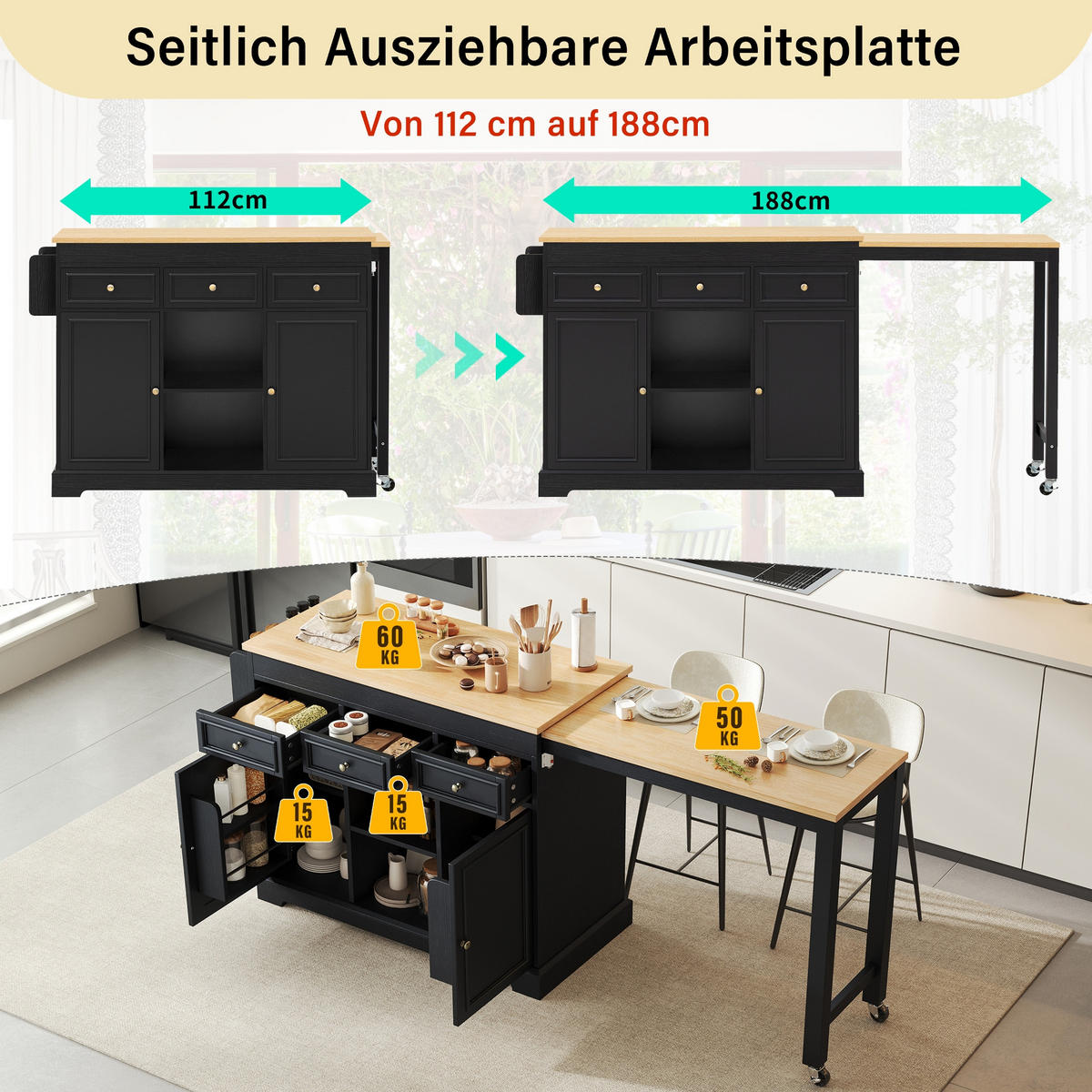 KÜCHENINSEL 112-188/45/92 cm Schwarz mit 3 Schubladen, Gewürzregal und Rollen - Schwarz, Holz (45/92/124.3cm) - Oxeza