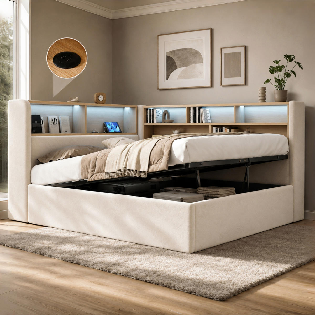 POLSTERBETT aus Samt 140x200 cm Beige mit hydraulischem Stauraum, LED-Beleuchtung und USB-/Type-C-Anschlüssen - Beige, Textil (140/200cm) - Modfu