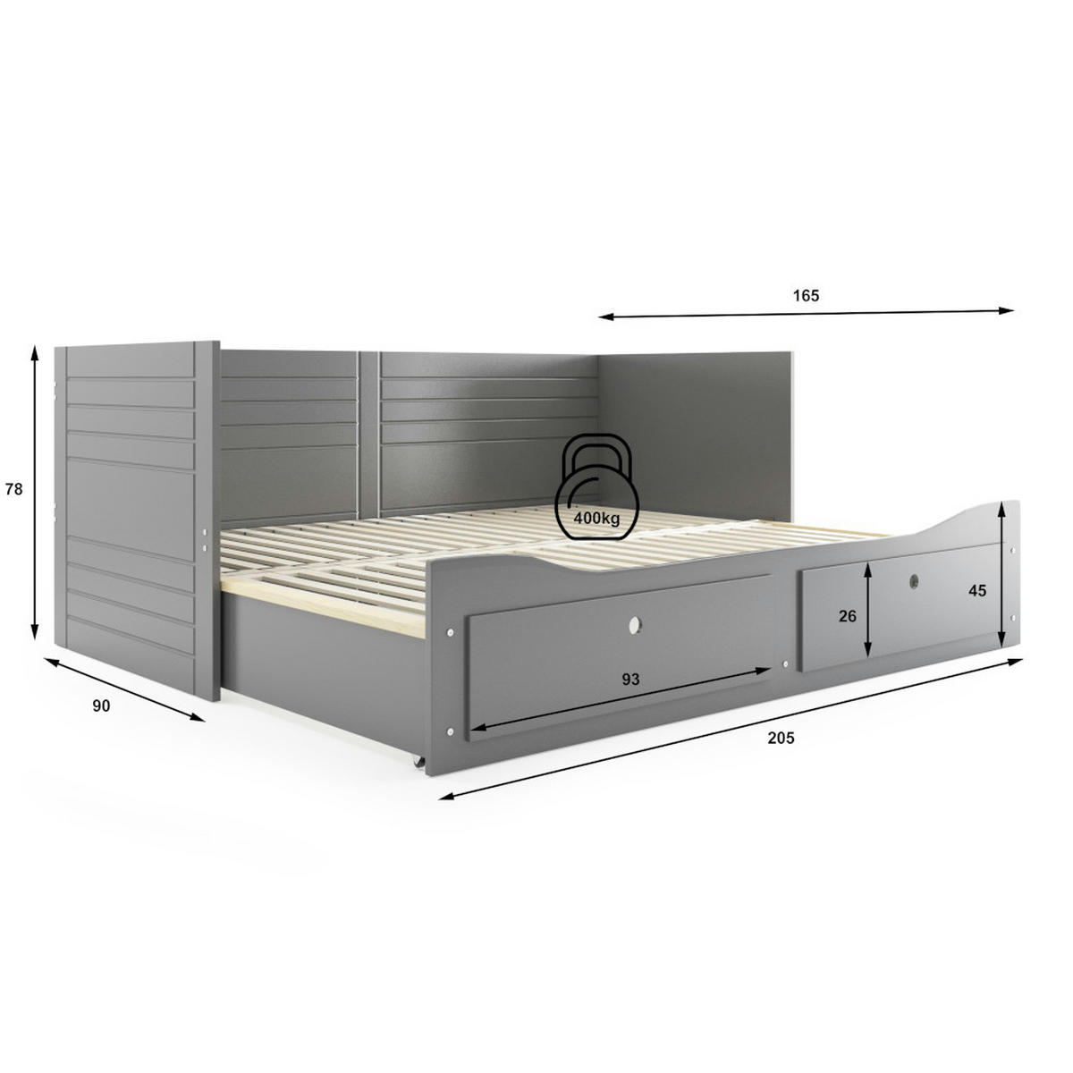 TAGESBETT Hermes 200x80/160cm Grau mit Lattenrost und Schubladen - Grau, Holzwerkstoff (160/200cm) - Interbeds
