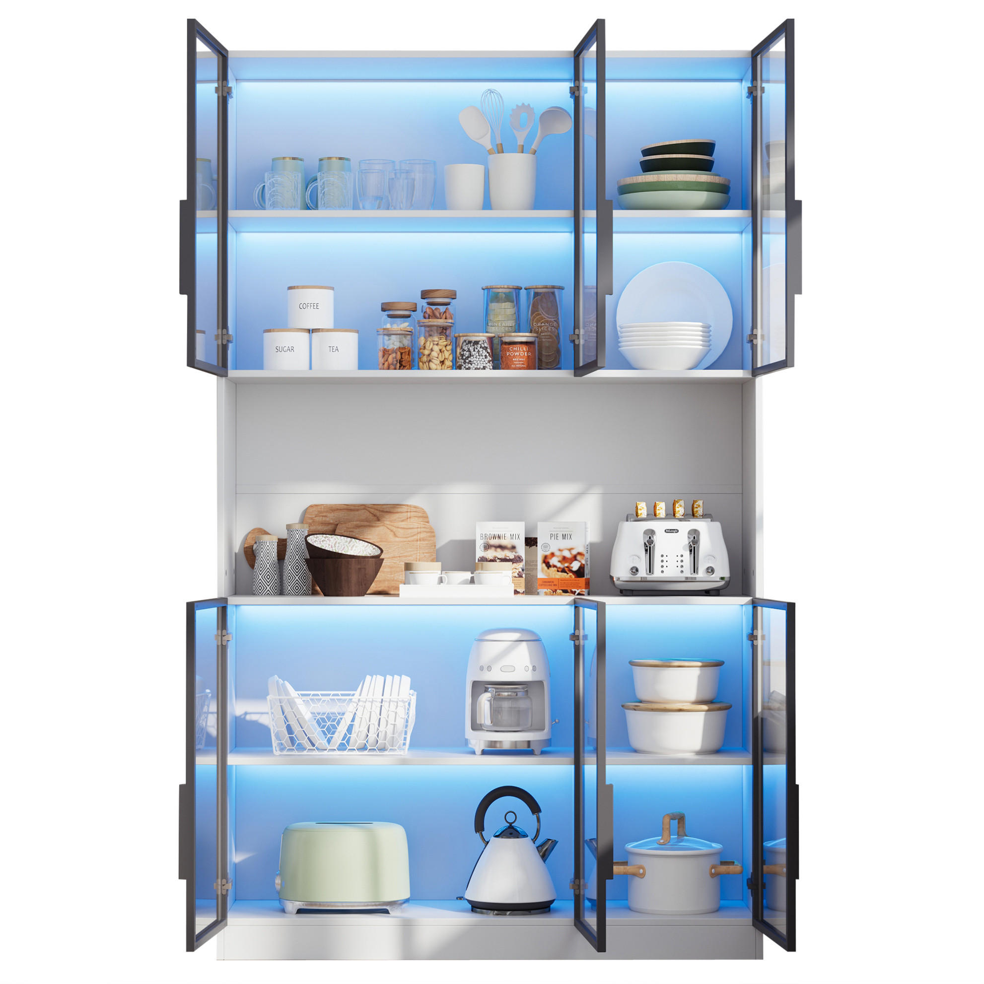 VITRINE 120/34/200 cm weiß aus MDF und Glas mit LED und 6 Türen - Weiß, Holzwerkstoff (120/200/34cm) - OKWISH