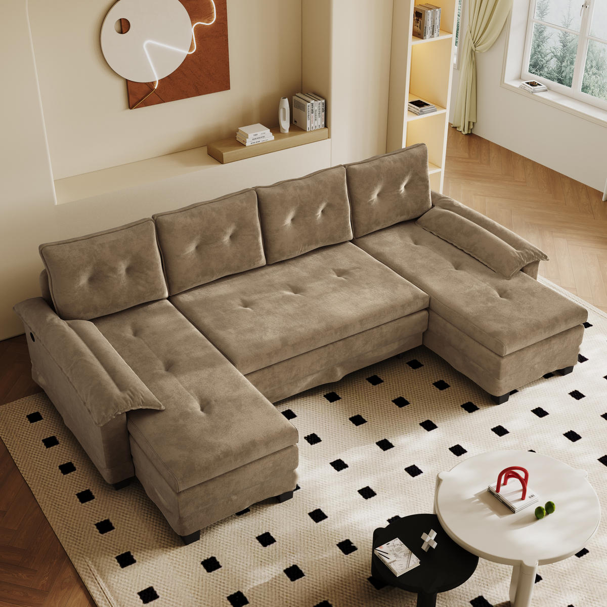 WOHNLANDSCHAFT DE-34946 278 cm mit Schlaffunktion und USB Khaki - Braun, Holz (127/87/278cm) - ComfortXL