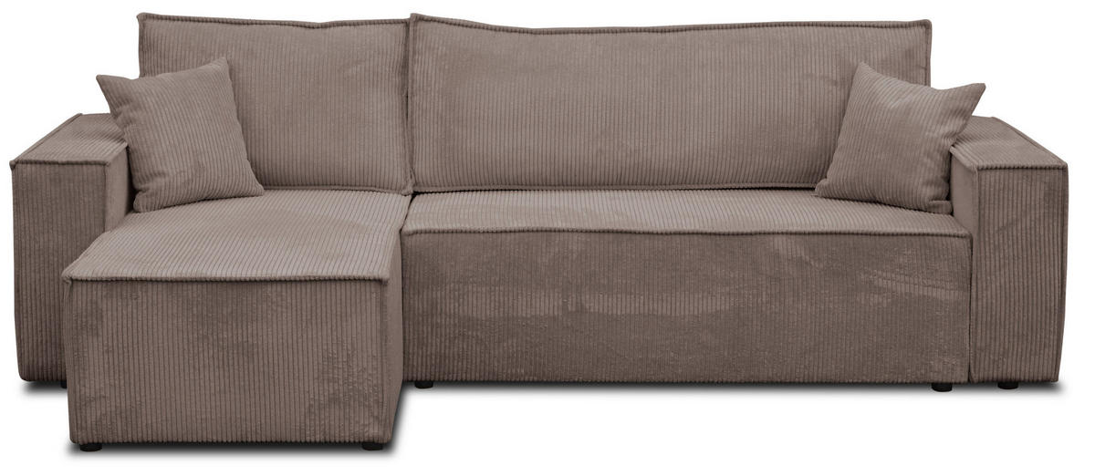 ECKSOFA Hugo L in L-Form mit Schlaffunktion und Bettkasten, Farbe: Hellbraun, Cordstoff, Ottomane Unsiversal - Hellbraun, Textil (244/145cm) - VENASI MÖBEL