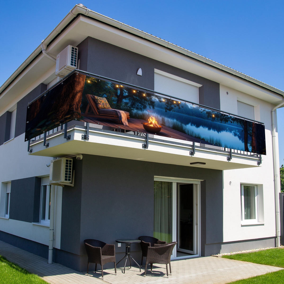 BALKON-SICHTSCHUTZ Lagerfeuer - See - Abendlicht - Dunkelblau, Kunststoff (500/75cm) - MuchoWow