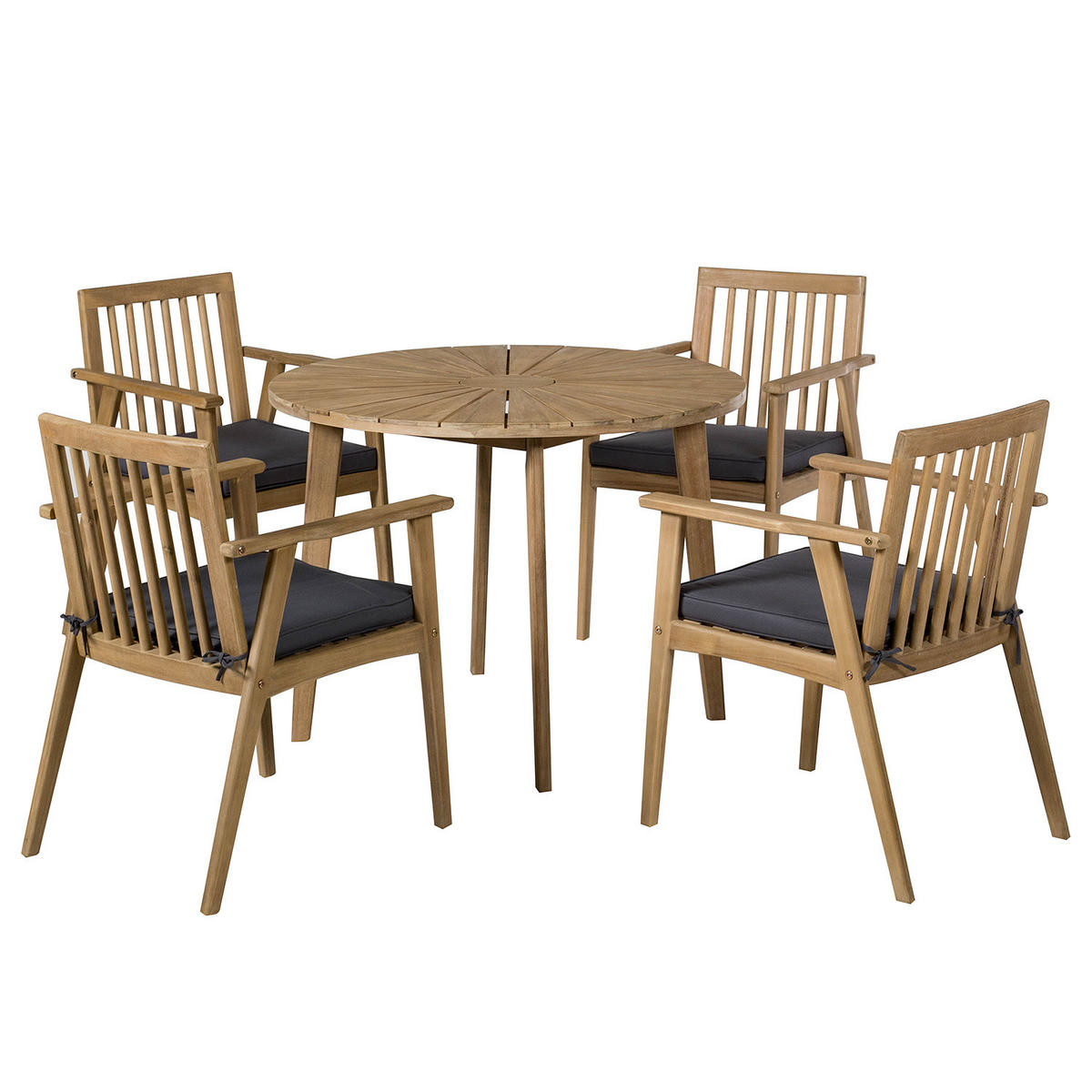 GARTENESSGRUPPE - Akazie massiv / Polyester - Braun / Grau - 5-teilig - Braun/Grau, Holz/Textil - home24